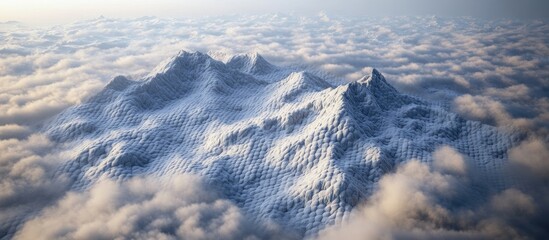 Poster - Aerial view of majestic snowy mountains shrouded in low clouds at dusk with soft blue and gray tones creating a serene atmosphere.