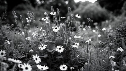 Wall Mural - Black and white close-up of wildflowers in a garden landscape with soft focus background and various floral textures.