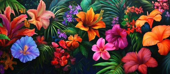 Poster - Vibrant tropical garden landscape featuring an array of colorful flowers in shades of pink, orange, purple, and blue against a lush green backdrop.