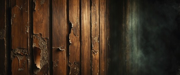 Canvas Print - Close-up of weathered wooden wall with peeling paint and dark background texture. Detailed view of aged wood surface with scratches.