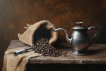 Rustic coffee still life, burlap sack, spilling beans, vintage metal pot, wooden table