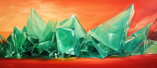Leinwandbilder - Vibrant abstract landscape featuring sharp green crystal-like formations against a warm orange gradient background creating a dynamic visual contrast.