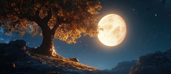Aufkleber - Majestic illuminated tree under a large full moon casts shadows over a small planet with a starry night sky in the background.