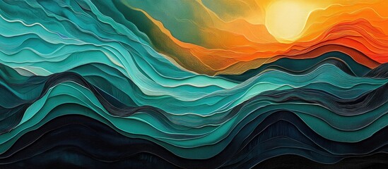 Aufkleber - Fluid abstract acrylic art with waves in turquoise and dark green, layered with warm sunset hues of orange and yellow for a captivating visual experience.