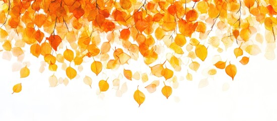 Aufkleber - Vibrant autumn leaves in shades of yellow and orange cascading down from the top against a clean white background, creating a seasonal atmosphere.