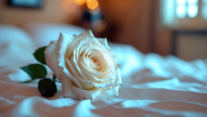 Poster - White rose placed on a soft bed sheet in a softly lit room with a blurred background