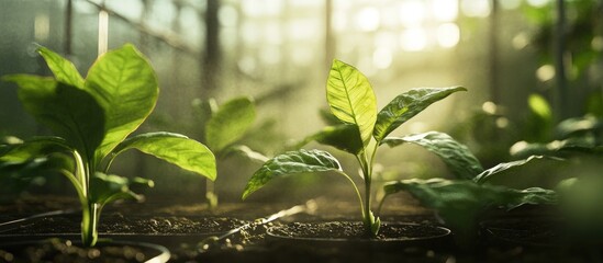 Poster - Lush green plant seedlings with vibrant leaves in foreground amidst soft sunlight beams in a well-lit greenhouse environment showcasing growth.