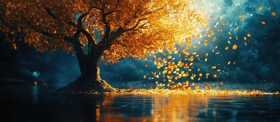 Poster - Majestic autumn tree with golden leaves glowing against a twilight backdrop, reflecting in a serene lake, creating a tranquil and magical atmosphere.