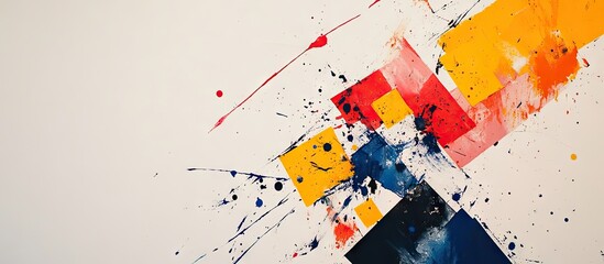 Leinwandbilder - Abstract vibrant art composition featuring yellow, red, blue, and white geometric shapes with splashes and drips on a textured canvas.