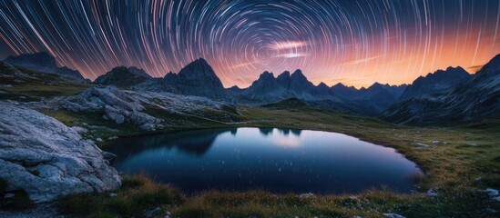 Poster - Starry night landscape featuring a tranquil lake reflecting vibrant star trails above, backed by rugged mountains under a twilight sky.