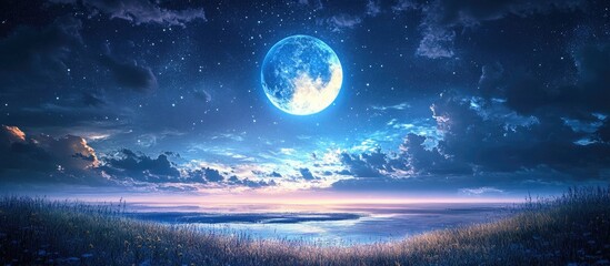 Poster - Mesmerizing night sky with a bright full moon surrounded by soft clouds above a serene ocean reflecting deep blue and violet hues at dusk.