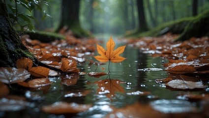 Wall Mural - single maple leaf floating in still water surrounded by autumn foliage in a serene forest setting wi