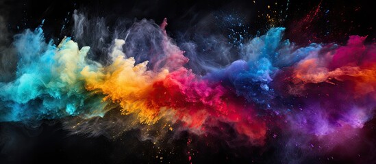 Aufkleber - Vibrant explosion of colored powder with hues of blue, orange, red, and purple swirling against a dark background, creating a dynamic artistic effect.