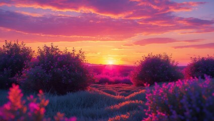 Wall Mural - vibrant sunset over blooming bushes in a serene landscape with colorful sky and lush fields in the f