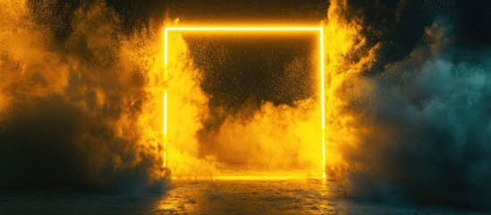 Leinwandbilder - Vibrant yellow neon light frame against a dark smoky background with swirling dust particles creating a dynamic and atmospheric feel
