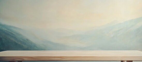Poster - Light wooden table centered against a softly blurred green and blue natural backdrop creating a serene atmosphere suitable for text overlay.