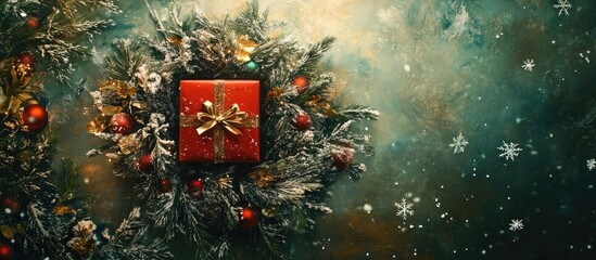 Aufkleber - Festive red present box with gold bow centered amidst lush green wreath decorated with ornaments and snowflakes against a dark winter-themed background
