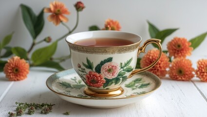 Wall Mural - Tea cup and saucer with floral design on wooden table surrounded by orange flowers and green leaves in soft natural light