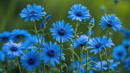 Wall Mural - Blue flowers in a garden setting with vibrant petals and green foliage under natural lighting in soft focus background