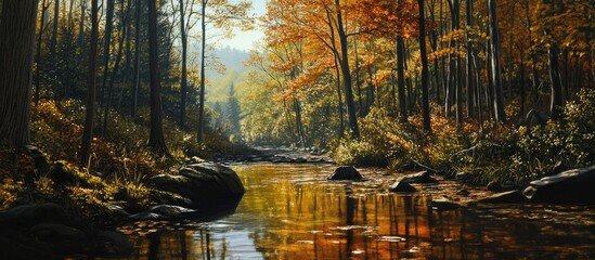 Poster - Serene autumn landscape with vibrant orange and yellow foliage reflecting on calm water surrounded by lush greenery in the Great Smoky Mountains.