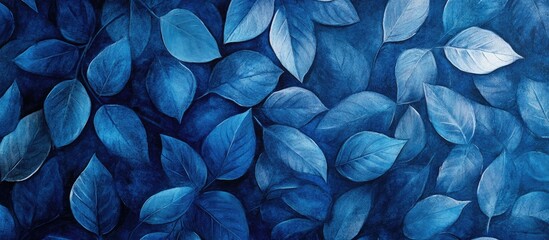 Poster - Blue leaf patterns creating a serene background with varying shapes and shades of blue arranged densely across the entire image.