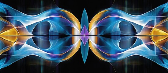 Poster - Vibrant abstract design of blue, silver, and gold neon laser lights creating dynamic patterns against a black backdrop with symmetrical elements.