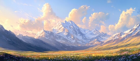Aufkleber - Vibrant mountain landscape with snow-capped peaks under a blue sky scattered with fluffy clouds, surrounded by colorful wildflower fields in foreground.