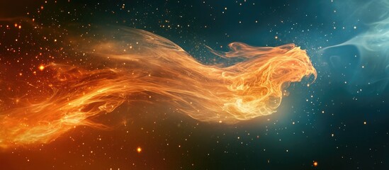 Fototapete - Vibrant abstract illustration of an orange and blue flame resembling a phoenix soaring through a starry night sky with cosmic elements.