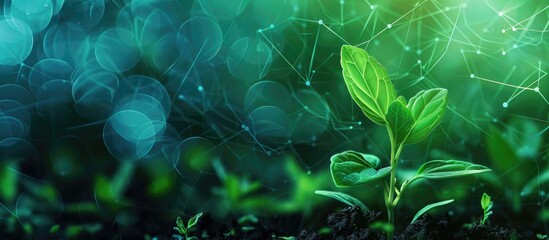 Poster - Young sprout emerging from dark soil against an organic green and blue digital background with geometric patterns and ample copy space.
