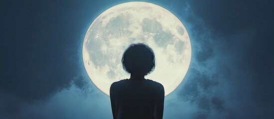 Aufkleber - Silhouette of a person with curly hair against a bright full moon and dark clouds in the background, creating a serene night atmosphere.