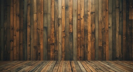 Wall Mural - Rustic wooden wall and floor interior with natural textures and colors suitable for background and design use