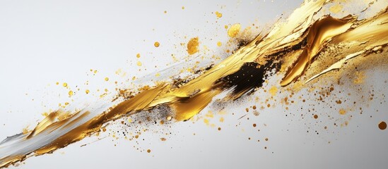 Aufkleber - Dynamic gold paint splash with expressive brush strokes on a soft white background, creating an eye-catching contrast and vibrant artistic effect.