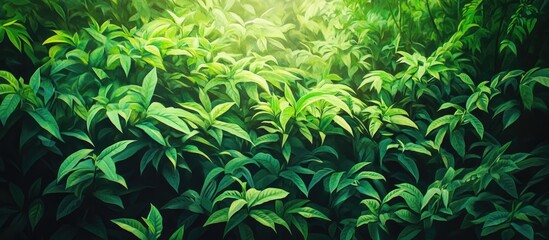 Aufkleber - Lush green tea plantation with abundant foliage under soft sunlight creating a vibrant landscape of thriving tea plants in serene nature setting