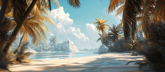 Aufkleber - Tropical beach scene featuring lush coconut palm trees on the left, soft sandy shore, crystal clear water and vibrant blue sky with fluffy clouds.
