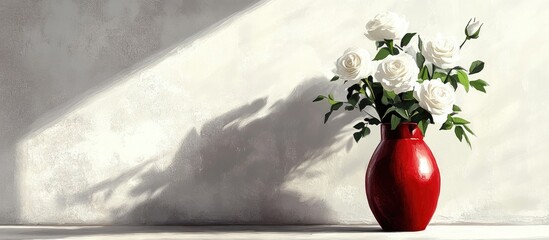 Fototapete - Elegant arrangement of white roses in a vivid red vase positioned on a light gray background showcasing artistic shadow play in soft lighting.