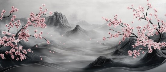 Aufkleber - Serene landscape featuring soft pink cherry blossoms on branches, misty mountains in the background, and a tranquil gray atmosphere.
