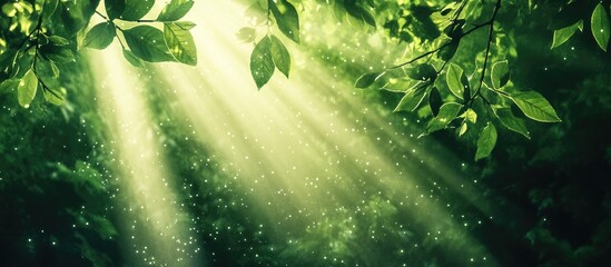 Poster - Abstract green background with sunlight rays filtering through leaves creating a vibrant visual effect with bright light elements in the upper area.