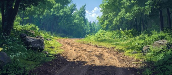 Aufkleber - A sunlit dirt path with shallow tire tracks meanders through a vibrant green forest, surrounded by lush foliage and clear blue skies.