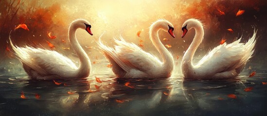 Leinwandbilder - Three elegant white swans gracefully floating on a serene water surface surrounded by warm golden and soft orange light with fluttering autumn leaves.
