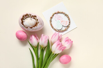 Wall Mural - Composition with greeting card, tulips and eggs on white background. Easter celebration