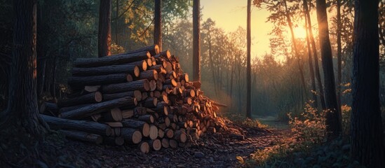Aufkleber - Sunrise casts warm golden light over a stacked pile of oak logs in a serene forest, surrounded by tall trees and a misty ambiance.
