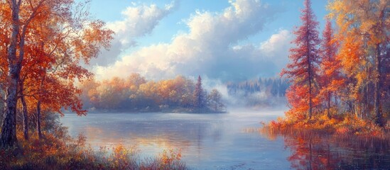 Poster - Autumn morning landscape featuring a calm lake reflecting vivid orange and red trees under a misty blue sky creating a tranquil ambiance