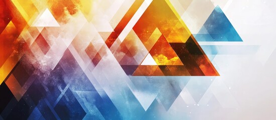 Aufkleber - Vibrant abstract background featuring overlapping geometric triangles in a blend of orange, blue, and white hues, creating a modern design.