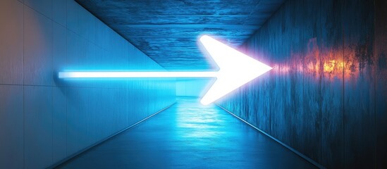 Leinwandbilder - Vibrant neon tunnel with a glowing white arrow pointing right against a dark background featuring shades of blue and subtle reflections on the wall