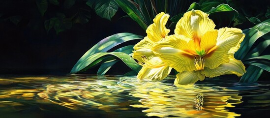 Aufkleber - Vibrant yellow amaryllis flowers reflected in shimmering water surrounded by rich green foliage and illuminated by warm sunlight
