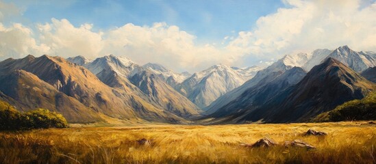Poster - Majestic mountains under a clear blue sky with golden grasslands in the foreground showcasing breathtaking natural beauty and panoramic landscape views.
