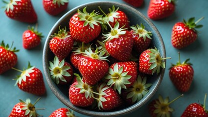 Canvas Print - Bowl of fresh ripe strawberries on a table surrounded by more strawberries showcasing vibrant red color and natural textures