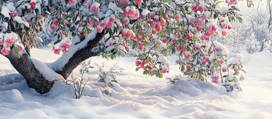 Aufkleber - Delicate pink apple blossoms contrasting with fresh white snow under a clear blue sky, creating a serene spring winter landscape in the garden.