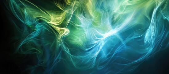 Fototapete - Colorful abstract smoke in shades of blue, green, and yellow swirling gracefully across a dark background creating a mystical and vibrant atmosphere.