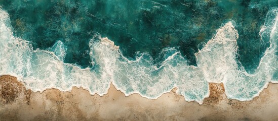 Aufkleber - Aerial view of turquoise ocean waves gently meeting a sandy beach, highlighting the beauty of nature with foamy white edges and golden sands.